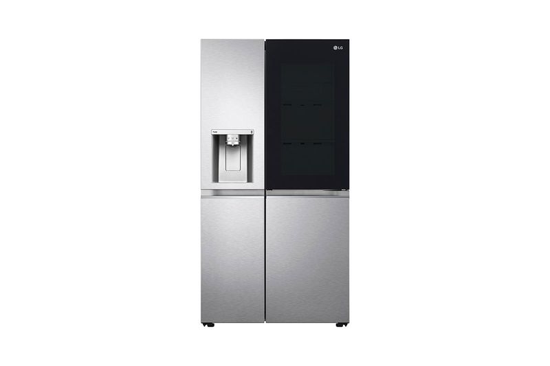 Refrigerador inverter InstaView con dispensador negra SBS 679 L silver LG, vista frontal de cuatro puertas y panel de vidrio