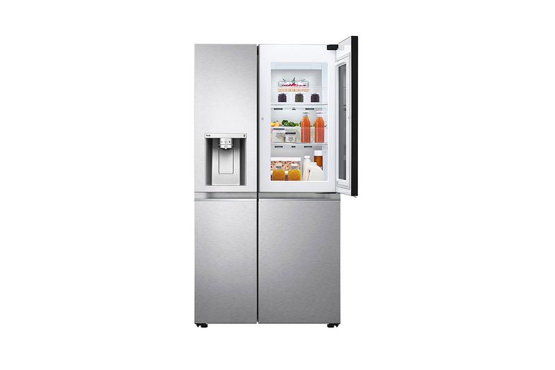 Refrigerador inverter InstaView con dispensador p/negra SBS 679L silver LG, puerta derecha abierta mostrando alimentos y