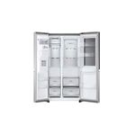 Refrigerador inverter InstaView con dispensador SBS 679L silver LG, vista frontal con puertas abiertas y compartimentos