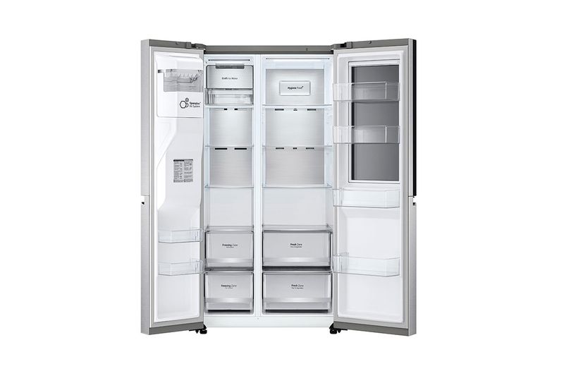 Refrigerador inverter InstaView con dispensador SBS 679L silver LG, vista frontal con puertas abiertas y compartimentos