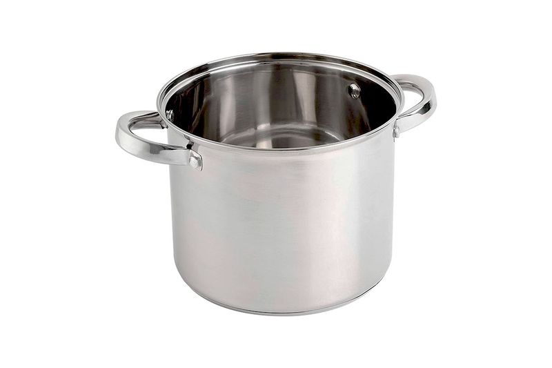 Juego de olla y vaporera para cocina pasta 5 qt Oster, vista frontal de la olla de acero inoxidable sin tapa ni inserto
