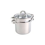 Juego de olla y vaporera para cocina pasta 5 qt Oster, vista frontal del set de acero inoxidable con tapa de vidrio
