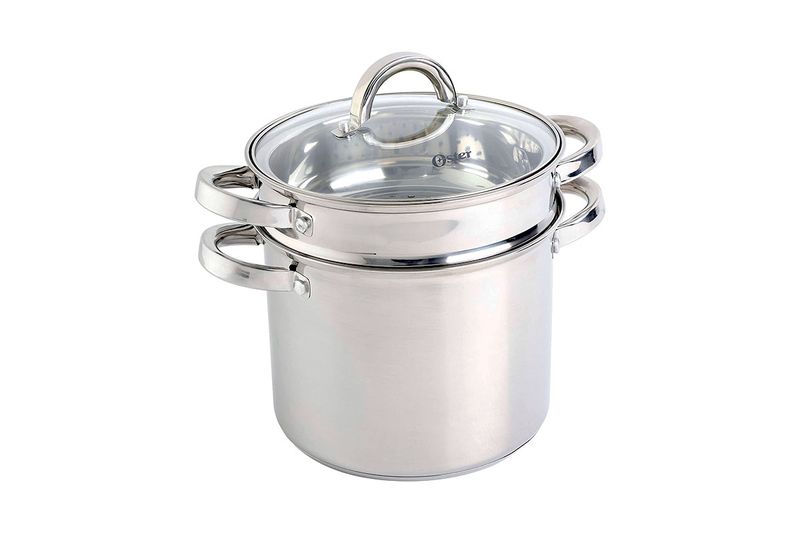 Juego de olla y vaporera para cocina pasta 5 qt Oster, vista frontal del set de acero inoxidable con tapa de vidrio