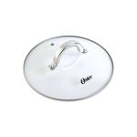 Juego de olla y vaporera para cocina pasta 5 qt Oster, primer plano de la tapa de vidrio con asa metálica y logo