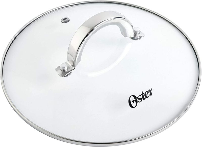 Juego de olla y vaporera para cocina pasta 5 qt Oster, vista superior de la tapa de vidrio con asa metálica