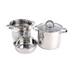 Juego de olla y vaporera para cocina pasta 5 qt Oster, tres piezas de acero inoxidable con tapa de vidrio y colador