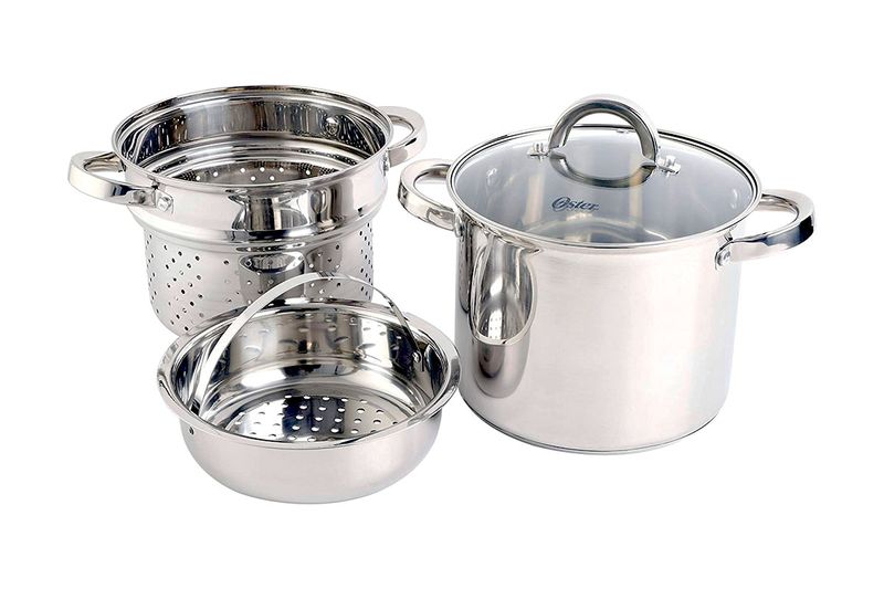 Juego de olla y vaporera para cocina pasta 5 qt Oster, tres piezas de acero inoxidable con tapa de vidrio y colador