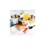 Juego de olla y vaporera para cocina pasta 5 qt Oster, piezas de acero inoxidable con pasta, tomates y tapa de vidrio