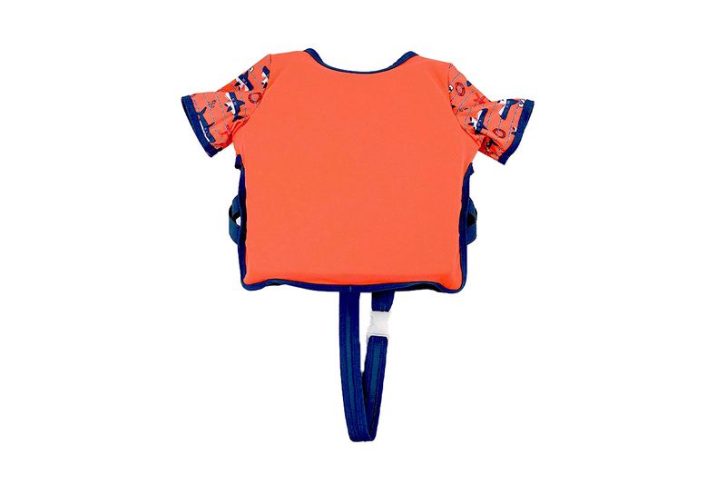 Camisa flotador para niño/niña con mangas talla 3-6 años M/L Bestway, vista posterior en color naranja y azul con correa