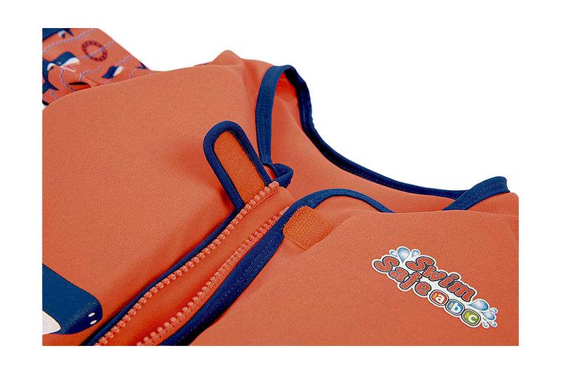 Camisa flotador para niño/niña con mangas talla 3-6 años M/L Bestway, primer plano del cierre naranja y logo Swim Safe