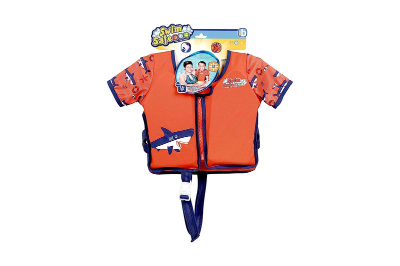 Camisa flotador para niño/niña con mangas talla 3-6 años M/L Swim Safe Bestway, vista frontal naranja con tiburones y empaque