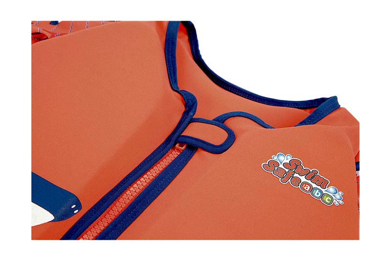 Camisa flotador para niño/niña con mangas talla 3-6 años M/L Swim Safe Bestway, acercamiento al cierre y logo en tela naranja
