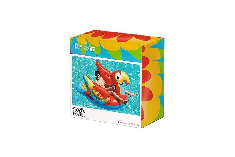Flotador Peppy Parrot 6 pies 8 x 8 pulgadas x 52 pulgadas Bestway, empaque cúbico con foto del producto en uso
