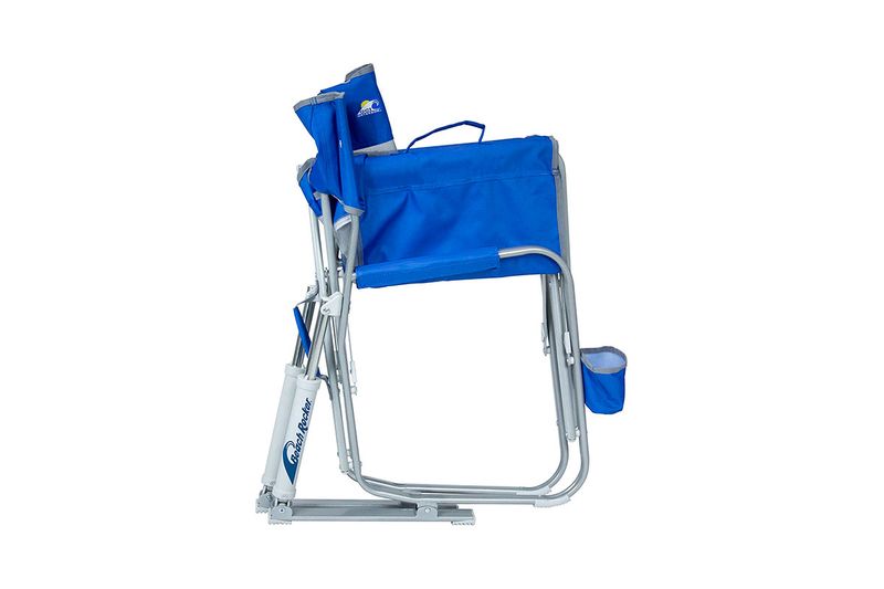 Silla de camping plegable exterior Waterside azul GCI Outdoor, vista lateral trasera con portavasos y estructura gris