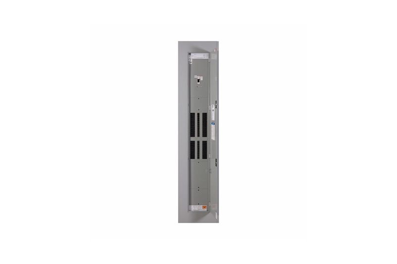 Conector PRL3 para 18 breaker GHB/3F 100 A Eaton, vista frontal del panel eléctrico metálico gris sin tapa