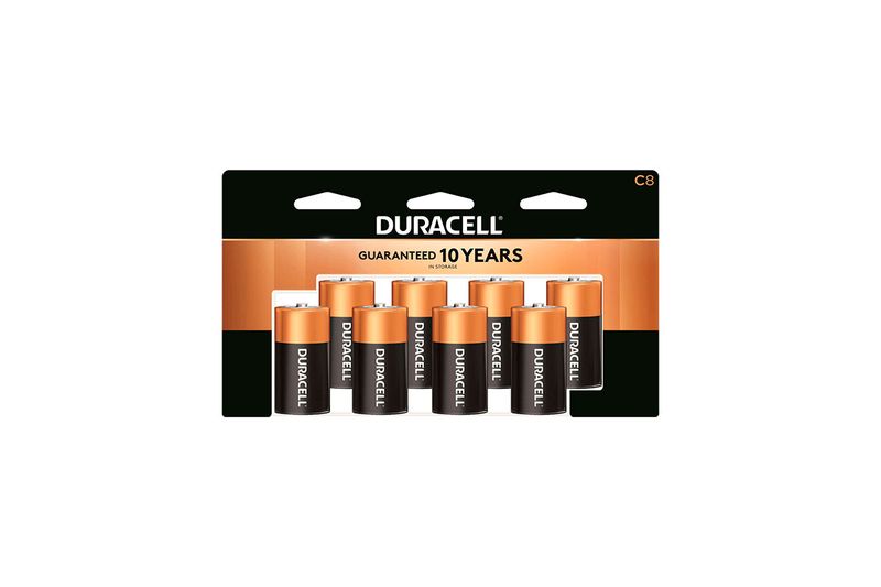 Batería alcalina C 8 piezas Duracell Optimum, empaque frontal con las ocho baterías alineadas en colores negro y cobre