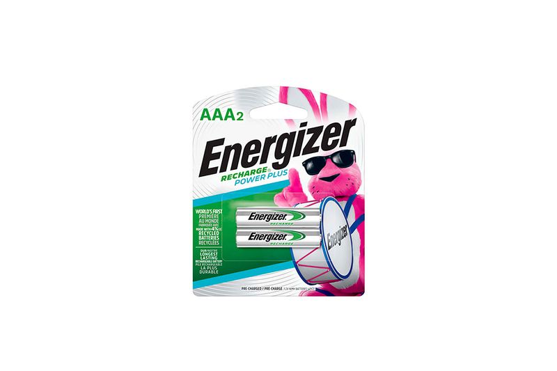 Batería recargable AAA 2 piezas Energizer, empaque blister con ilustración del conejo Energizer y dos baterías blancas