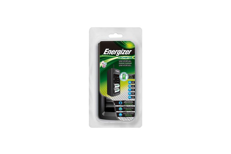 Cargador universal de batería AA, AAA, 4C, 4D y 9V Energizer, empaque plástico con ilustración del producto negro