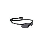 Lente de seguridad gris General Electric Sport antiempañante y UV, vista lateral con correa ajustable negra