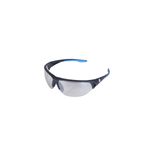 Lente de seguridad gris GE Sport antiempaño UV General Electric, vista lateral con detalle de patillas negras y azul
