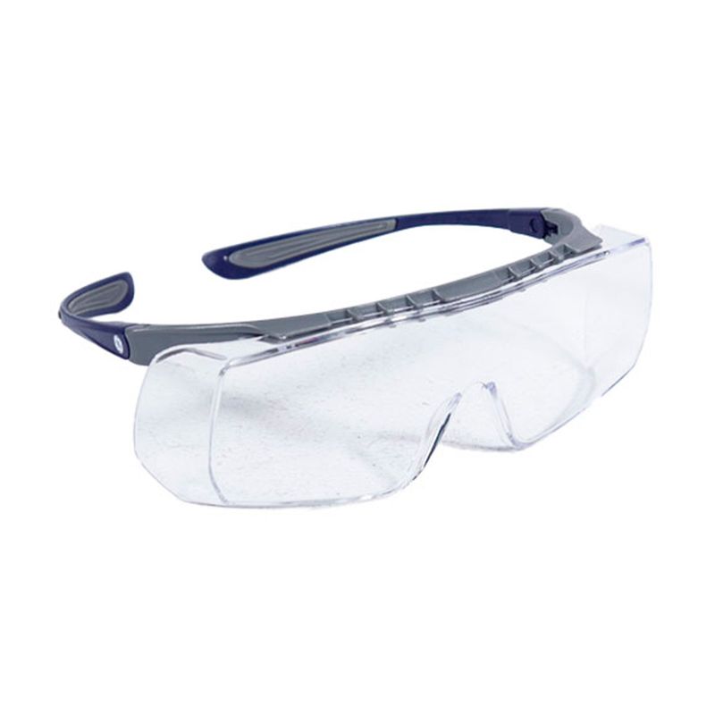 Gafas de seguridad transparentes anti-rayaduras UV General Electric, vista frontal diagonal con montura azul y gris