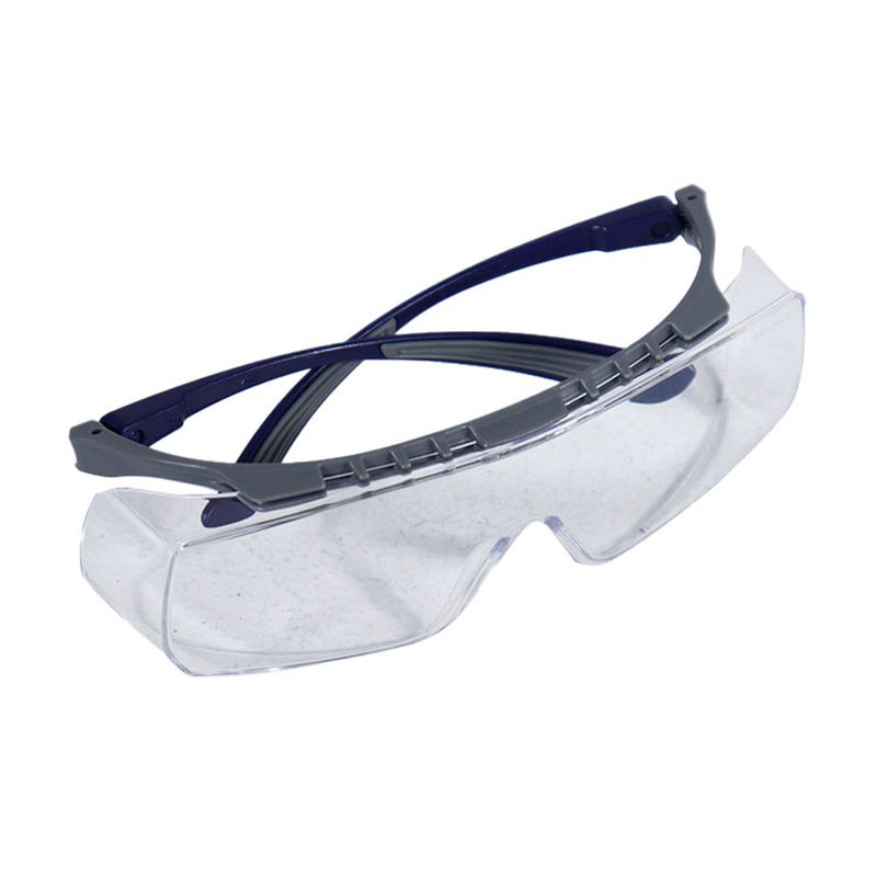 Gafas de seguridad transparentes anti-rayaduras UV General Electric, vista lateral enfocando las patillas azules
