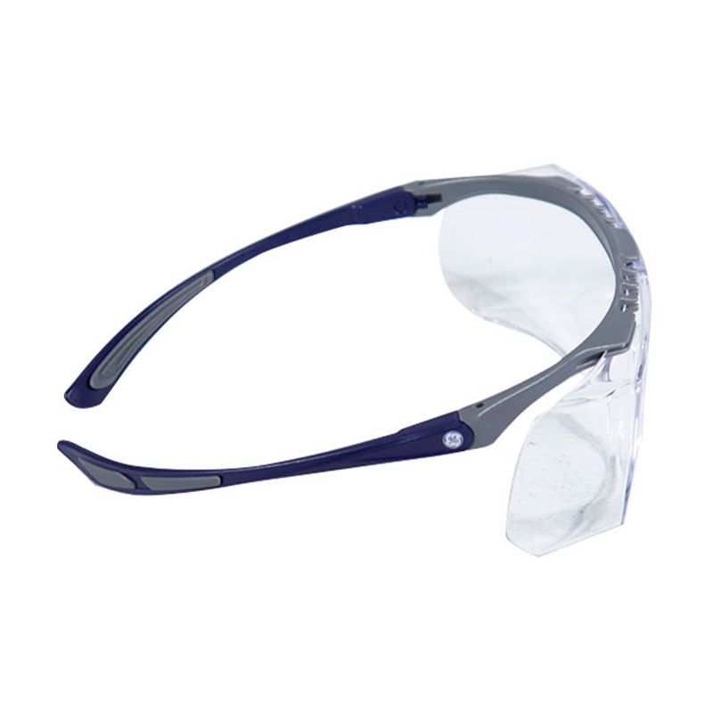 Gafas de seguridad transparentes anti-rayaduras UV General Electric, vista lateral con montura azul marino