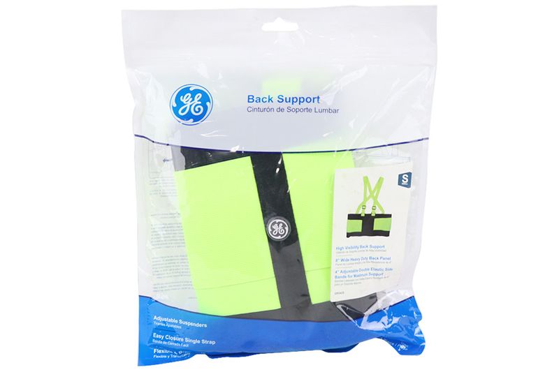 Cinturón de peso para espalda General Electric talla S verde, empacado en bolsa plástica transparente con logo y texto