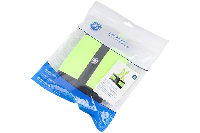 Cinturón de peso para espalda General Electric talla S verde, empaquetado en bolsa plástica transparente con cierre azul