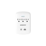 Protector de sobretensiones 3 salidas 15 amp y 1 USB-1 tipo C Monster, vista frontal blanca con puertos y luz LED azul