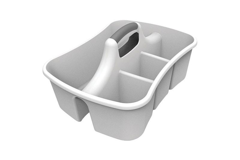 Organizador plástico para lavandería gris Sterilite, vista superior en ángulo que muestra los compartimentos internos
