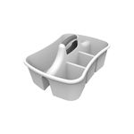 Organizador plástico para lavandería gris Sterilite, vista superior en ángulo que muestra los compartimentos internos