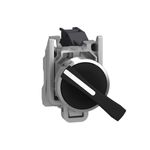 Selector 2 posiciones fijas 1NA 22 mm maneta larga Schneider Electric, vista frontal del interruptor negro y base gris