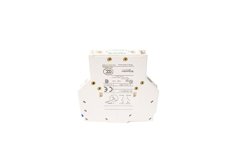 Bloque de contacto auxiliar lateral 1 NA + 1 NC Telemec Schneider Electric, vista frontal del dispositivo blanco con bornes