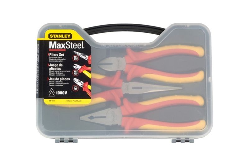 Juego de alicates 3 piezas 1000V Stanley, kit completo dentro de su estuche plástico transparente con asa negra