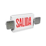 Rótulo salida LED 2 h 120/277 Ilukon, frontal con letras rojas y dos lámparas laterales de emergencia