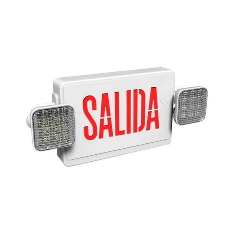 Rótulo salida LED 2 h 120/277 Ilukon, frontal con letras rojas y dos lámparas laterales de emergencia