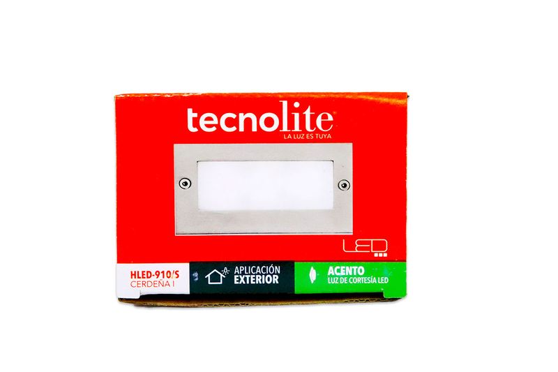 Luminaria empotrable de pared exterior níquel LED 0.6 W 3000 K Cerdeña I Tecnolite, vista frontal de su empaque rojo