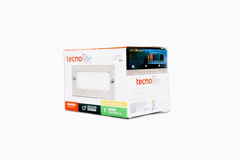 Luminaria empotrable de pared exterior níquel LED 0.6 W 3000 K Cerdeña I Tecnolite, en su empaque de cartón blanco y naranja