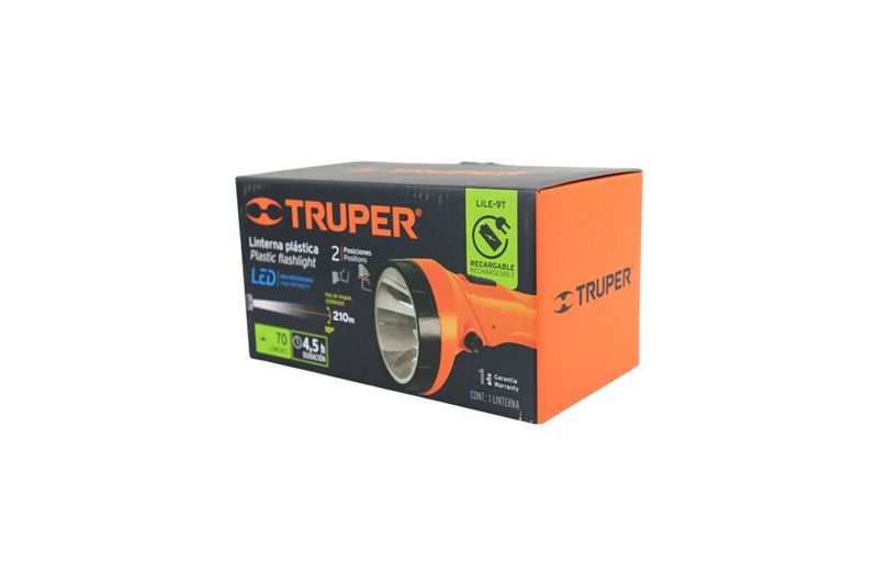 Linterna de mano recargable 300 lúmenes LED Truper, empaque de cartón naranja con ilustración del producto
