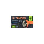 Linterna de mano recargable 300 lumens LED Truper, empaque frontal con ilustración del producto en color naranja