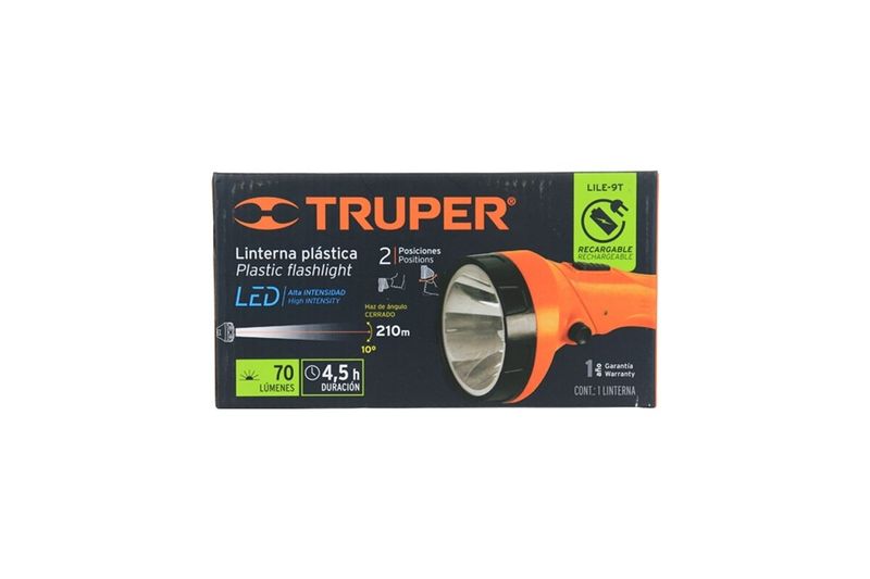 Linterna de mano recargable 300 lumens LED Truper, empaque frontal con ilustración del producto en color naranja