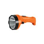 Linterna de mano recargable 300 lúmenes LED Truper, vista lateral del cuerpo color naranja y cabezal negro
