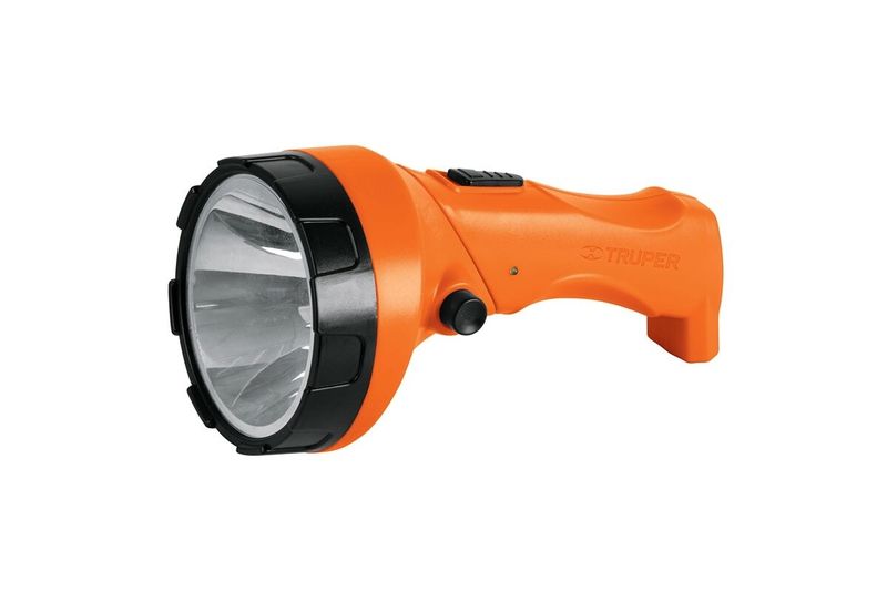 Linterna de mano recargable 300 lúmenes LED Truper, vista lateral del cuerpo color naranja y cabezal negro