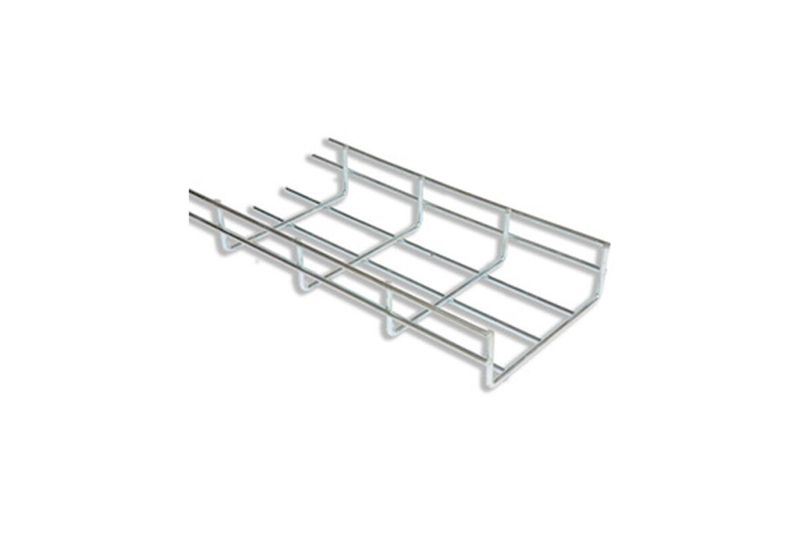 Bandeja tipo rejilla 200x50x3000 mm Newlink, perspectiva frontal del entramado metálico galvanizado sobre fondo blanco