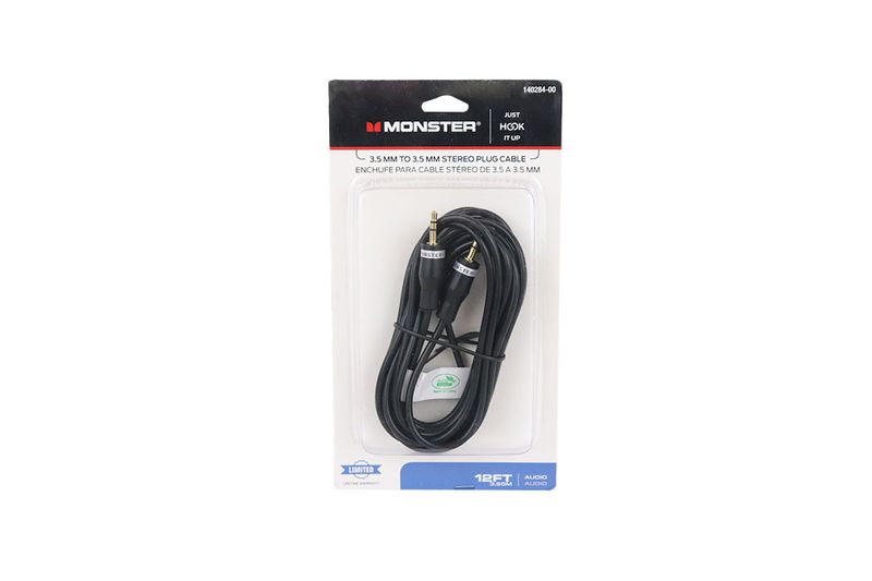 Cable audio estéreo 3.5 mm 12 pies Monster, empaque blister con el cable negro enrollado y conectores dorados