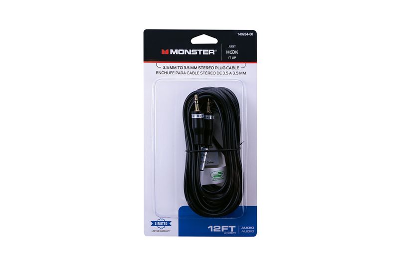 Cable audio estéreo 3.5 mm 12 pies Monster, empaque blister con el cable negro enrollado y conectores dorados