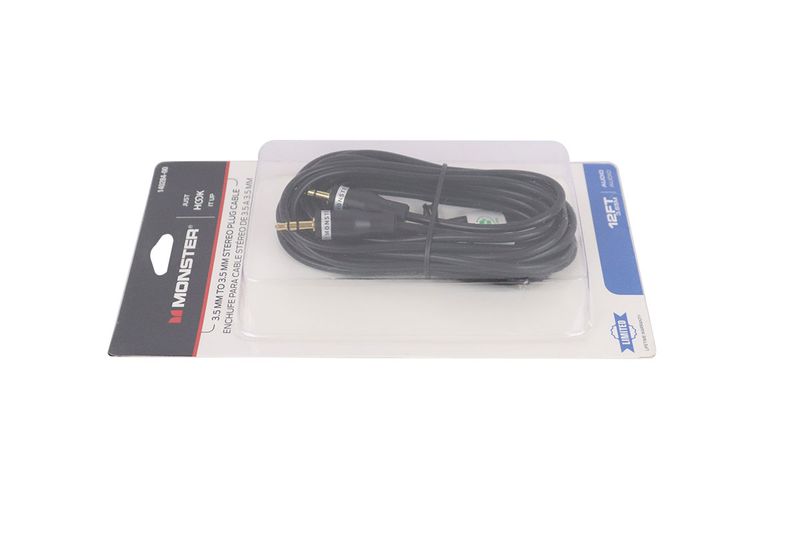 Cable audio estéreo 3.5 mm 12 pies Monster, empaque plástico transparente con cable negro enrollado