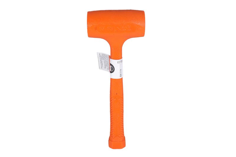 Martillo de ingeniería superficie suave Compo Cast Stanley, vista frontal del martillo naranja con etiqueta blanca