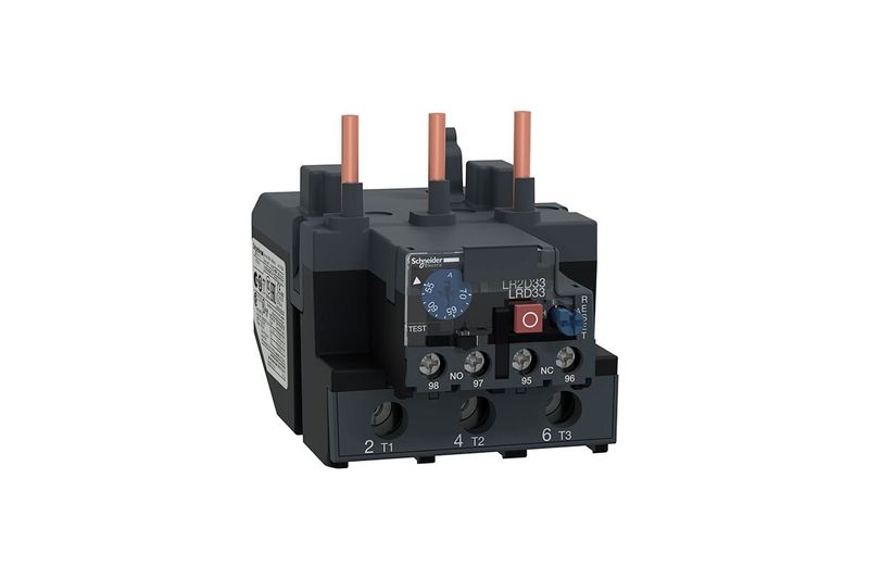 Relé de sobrecarga térmico Schneider Electric de 55-70 AMP para contactor D40-D95, vista frontal del dispositivo eléctrico
